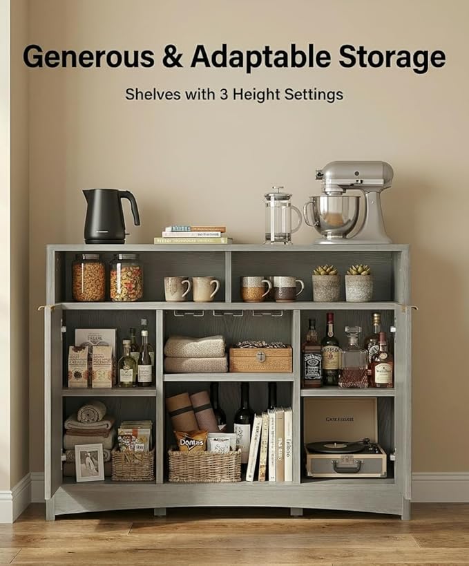 Marsail 47.2" Bar Cabinets with Storage,Modern Sideboard with Fluted Glass Doors,Versatile Coffee Bar with Adjustable Shelves and Stemware Rack for Kitchen and Living Room,Light Grey