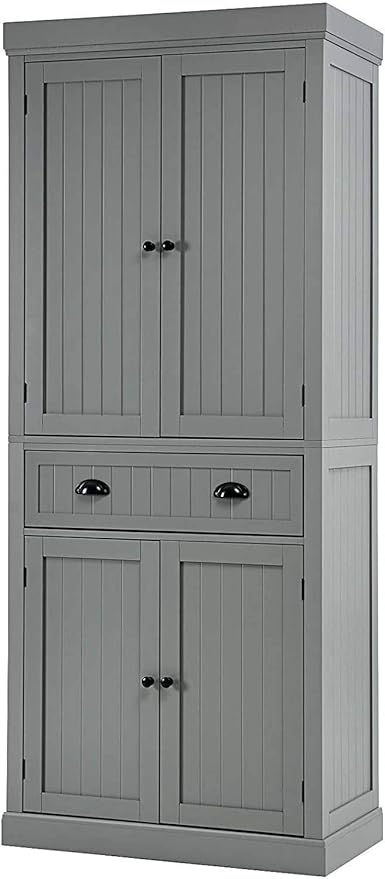 Nightcore Kitchen Pantry Cupboard, 6ft Wood Cupboard w/ 4 Adjustable Shelves, 2 Wood Pantries, & 1 Drawer, Utility Storage Cabinet for Kitchen, Hallway, Living Room, Bathroom (Grey)