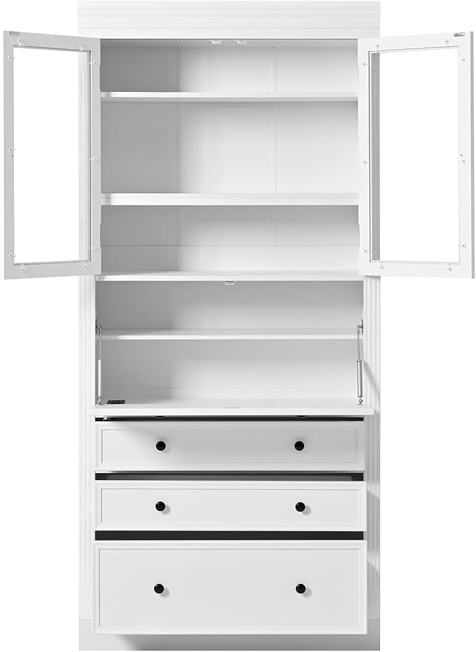 Merax 78 Inch Extra-Tall Freestanding Kitchen Pantry Storage Cabinet, Multifunctional Cupboard with 3 Drawers, Adjustable Shelves & Power Outlet Drop-Down Surface for Dining and Living Room, White