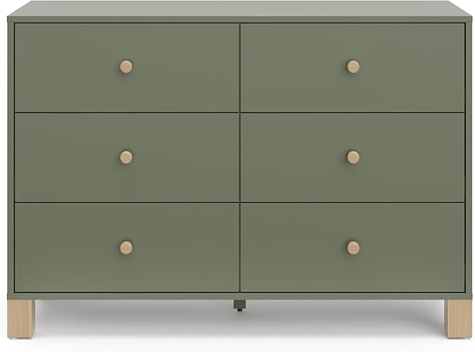 Storkcraft California 6-Drawer Double Dresser (Olive with Driftwood) - GREENGUARD Gold Certified, Interlocking Drawer System, Dresser Drawer Organizer for Kids Bedroom