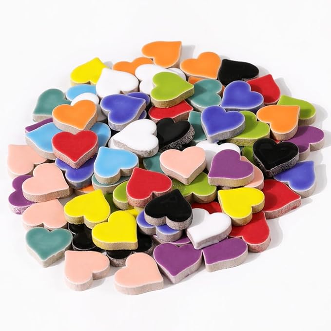 200g Ceramic Mosaic Tiles Pieces, Heart Star Oval Round Flower Shape Mosaics for Crafts Bulk,Student Adults Mosaic Kits Making (Heart Mix)