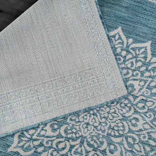 Outdoor Rug 6x9 Medallion Aqua Modern Area Rugs for Indoor and Outdoor Patios Kitchen and Hallway Mats Washable Porch Deck Outside Carpet (60 Sq Ft)