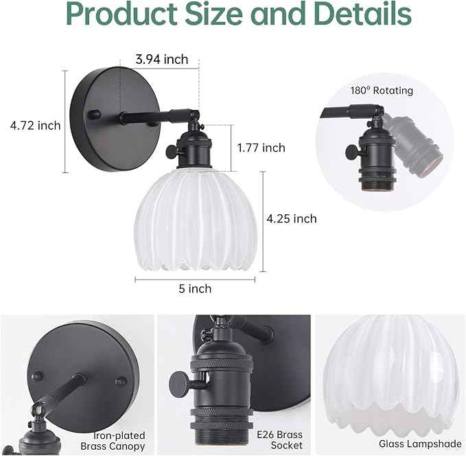 Vintage Battery Operated Wall Sconce with White Tulip Glass Lampshade Rechargeable Battery Powered Black Wall Light with Remote Control for Bedside Bedroom Doorway, Set of 2