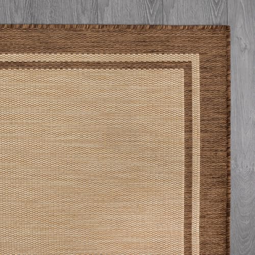 Outdoor Rug 9x12 Bordered Natural Brown Modern Area Rugs for Indoor and Outdoor Patios