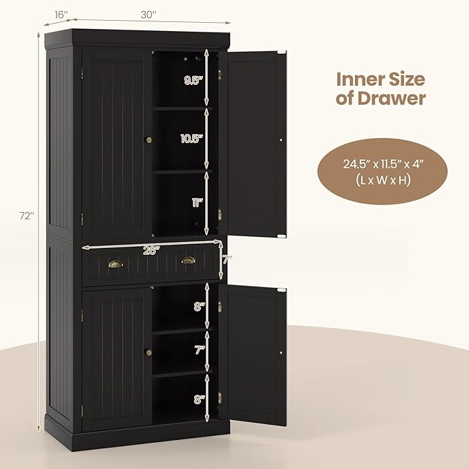 Nightcore Freestanding Kitchen Pantry Cupboard, 6ft Wood Cupboard w/ 4 Adjustable Shelves, 2 Wood Pantries, & 1 Drawer, Utility Storage Cabinet for Kitchen, Hallway, Living Room, Bathroom (Espresso)