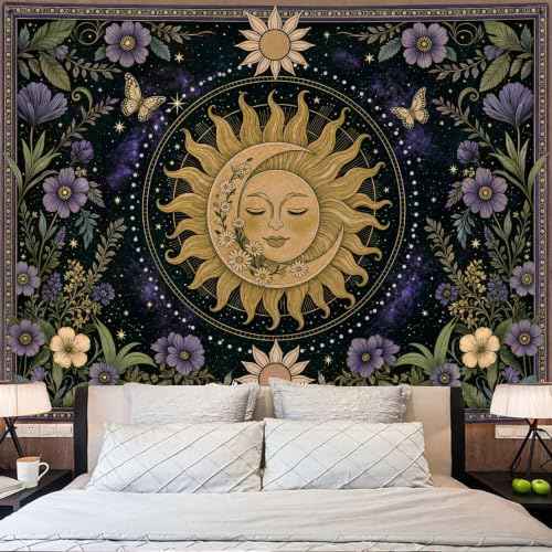 Boho Vintage Sun and Moon Hippie Purple Floral Tapestry 48 x 36 Inch