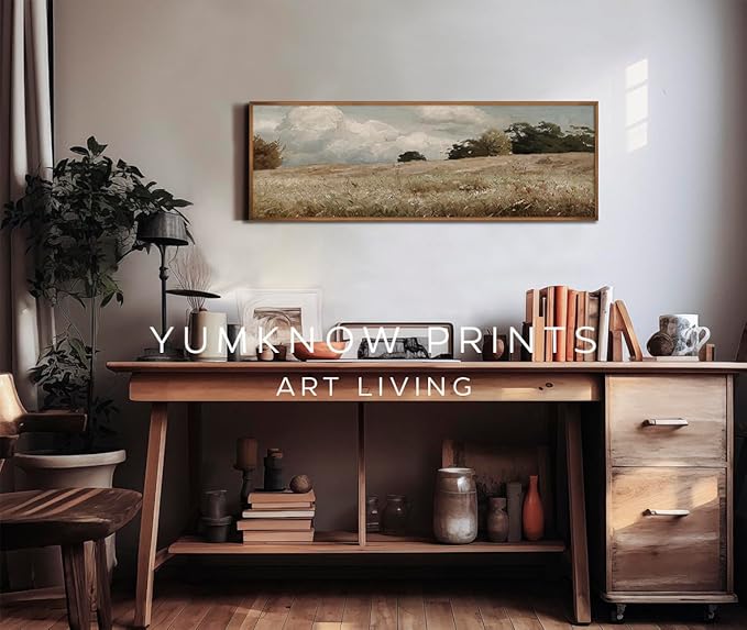Vintage Farmhouse French Country Bedroom Wall Decor Above Bed - 10x30" - Horizontal Wall Art Over the Bed - Panoramic Landscape Picture Sign, Canvas Oil Painting Long Narrow Autumn Meadow Print Poster