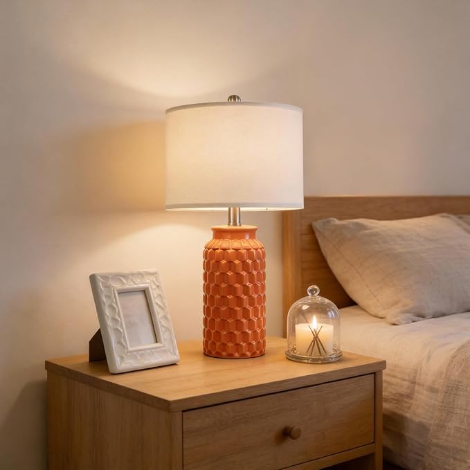20.5" Ceramic Table Lamps Set of 2, Modern Farmhouse Boho Bedside Lamps for Bedroom, Nightstand Lamps for Living Room End Tables, Small Desk Lamps, Orange