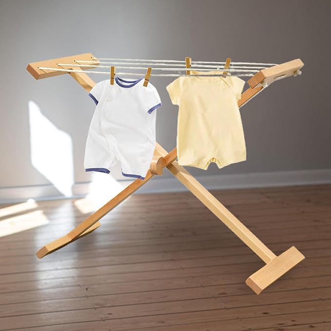Children Laundry Drying Rack Towel Rack for Kids, Wood Clothing Dryer Educational Tool Wooden Clothes Rack for Household Home