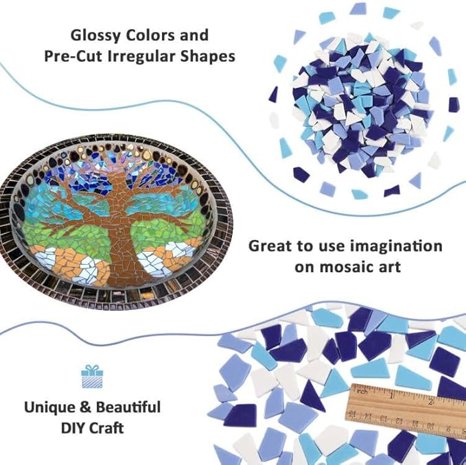 Youway Style Blue Glass Mosaic Tiles for Crafts Bulk,200g Broken Glass Pieces for Mosaic Art Crafts,Garden Mosaic Supplies (Mixed Blue)