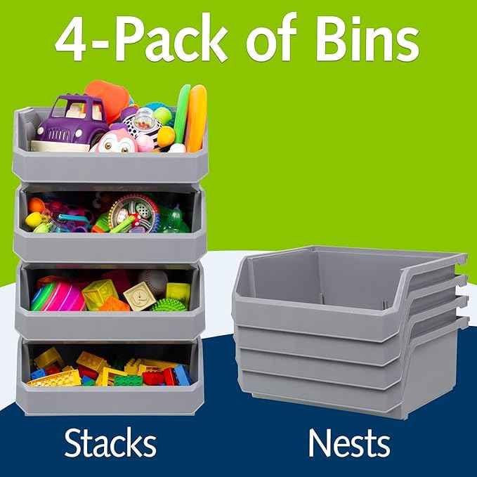 Plastic Containers for Organizing and Storage Bins for Closet, Kitchen, Office, Garage or Pantry Organization, Stackable Bins, Extra Large (14.8" x 16.5" x 7"), 4-Pack, Blue