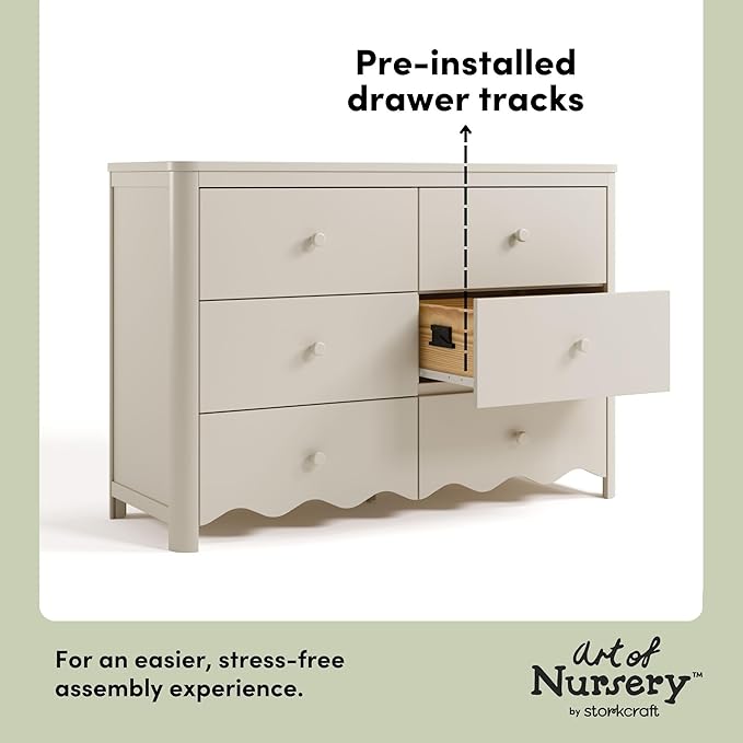 Storkcraft Casablanca 6 Drawer Dresser (Frosted Oat) – GREENGUARD Gold Certified, Nursery & Kids' Bedroom with Spacious Storage, Interlocking Drawer System, Easy Assembly with Pre-Installed Tracks