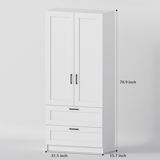 White Tall Kitchen Pantry Cabinet Organizers and Storage with Doors and Drawer and Adjustable Shelves，Wood Large Gabinetes Para Cocina Office Bookshelf for Laundry Room Cabinets (31.5”W*15.7”D*71”H)