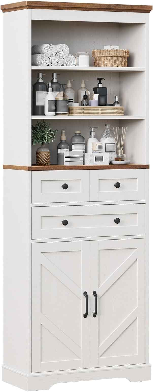 Vabches 70" Tall Bathroom Storage Cabinet, Farmhouse Bathroom Cabinet with 3 Drawers, Adjustable Shelves & Doors, 3 Tier Wood Cabinets for Bathroom, Living Room, Rustic White