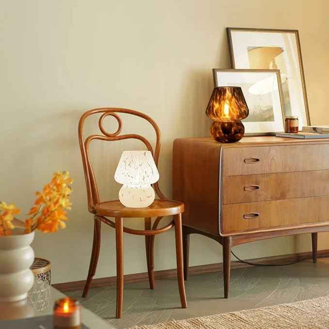 ONEWISH Mushroom Lamp Small Vintage Table Lamp for Bedroom Nightstand, Bedside Lamp Translucent Glass Stepless Dimmable, Murano Aesthetic Home Decor for Living Room Kitchen(Black)