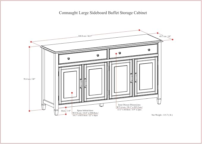 SIMPLIHOME Connaught Buffet - 67 inch Wide Solid Wood 4 Door Sideboard Cabinet in Dark Chestnut Brown, Traditional Dining Room Storage for Kitchen or Living Room with 2 Drawers and Adjustable Shelves