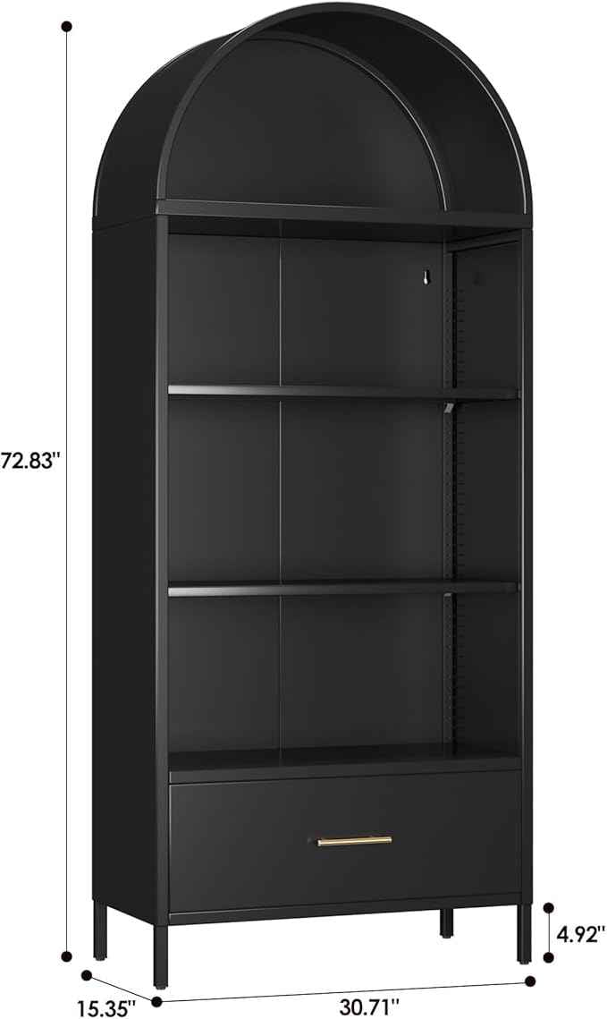 Metal Arched Bookcase Cabinet with 2 Adjustable Shelf, Black Arched Bookshelf with Drawer for Home Office Living Room,Required Assembly