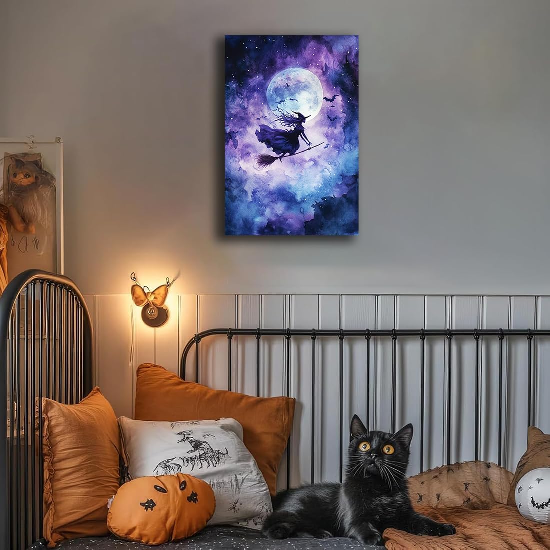 Witch On Broom Flying Wall Art,Gothic Halloween Canvas Wall Art,Victorian Witch Silhouette In Moonlight Broomstick Poster Pictures,Creepy Halloween Purple Night Sky Print,20"x30" Unframed