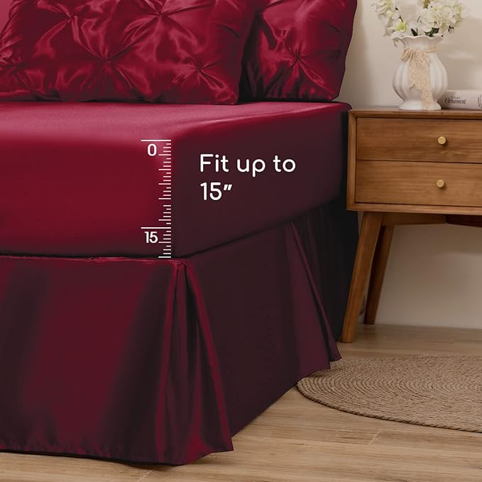 MR&HM Satin Comforter Full 7 Pieces - Luxurious Pinch Pleat Bedding Set with Comforter, Flat Sheet, Fitted Sheet, Pillowcases & Shams, Super Silky Soft Bed Set for All Season (Full, Burgundy)