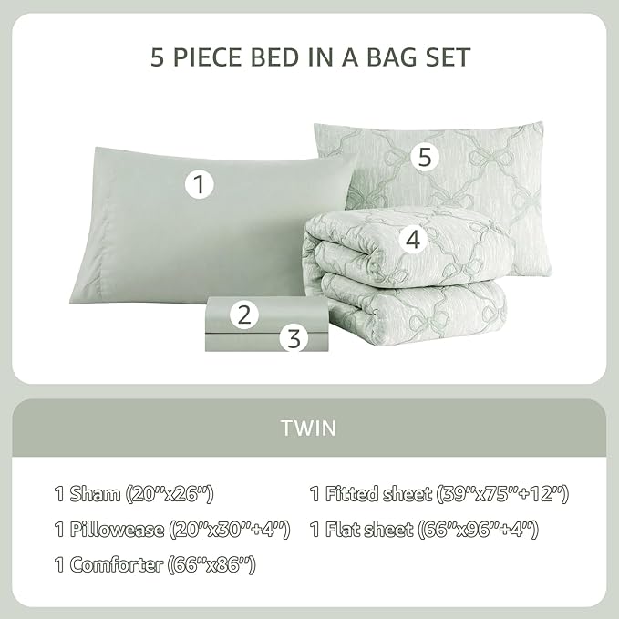 Twin Comforter Set with Sheets for Girls-5 Pieces Twin Bedding Sets with Light Green Comforter, Sheets, Pillowcase & Sham for Kids (Green Diamond, 66" X 86")