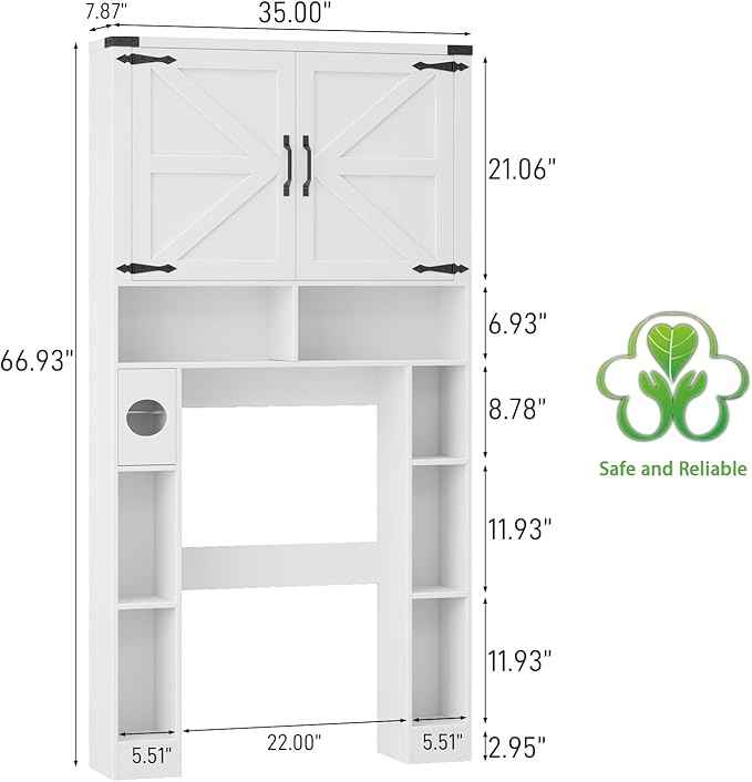 Vabches Over The Toilet Storage Cabinet, Farmhouse Storage Cabinet Over Toilet with 2 Barn Doors ，Toilet Paper Holder Stand，Home Space-Saving Toilet Rack, for Laundry, Restroom, Bathroom.White.