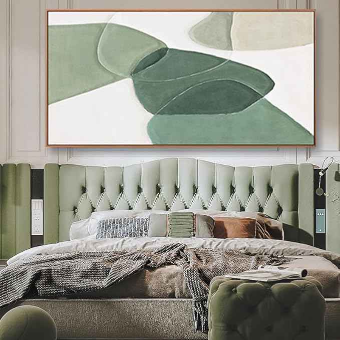 Modern Wall Art Large Geometric Green And White Geometric Color Block Line Art Painting Artwork Canvas Simple Picture Textured Artwork Framed For Living Room Bedroom Office Home Decor 29"X 58"