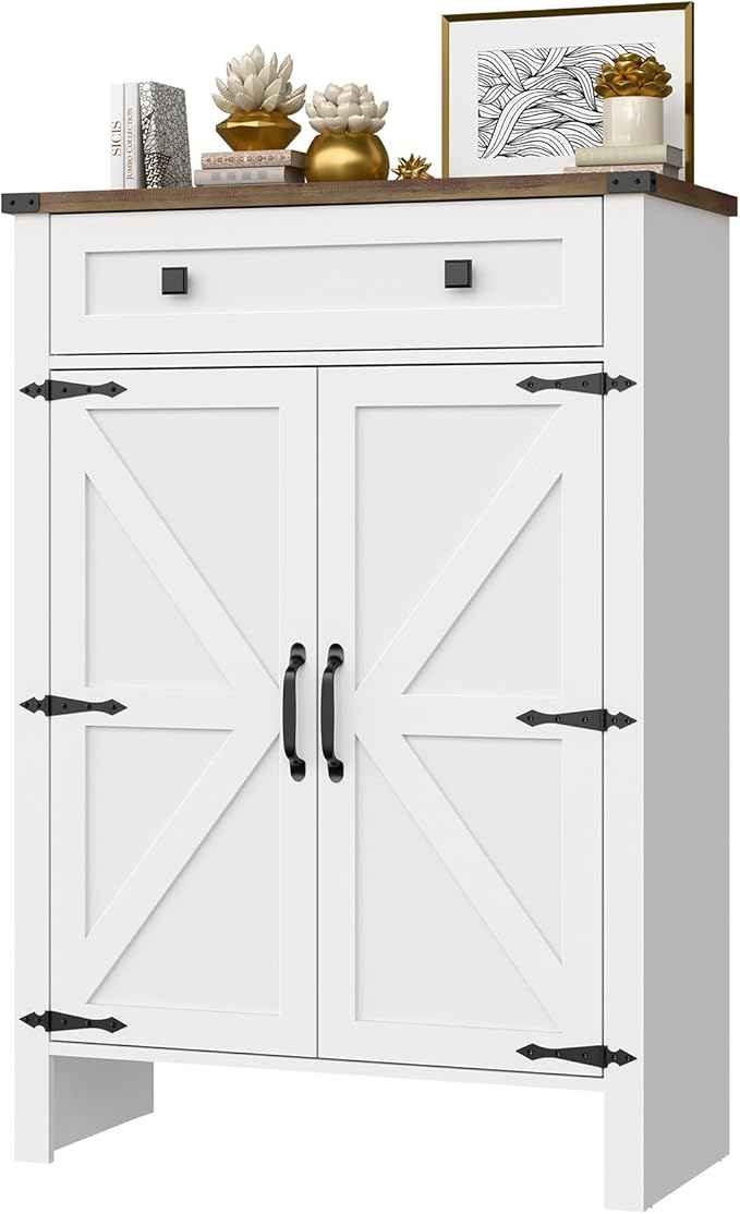 Vabches Shoe Storage Cabinet, 5-Tier Farmhouse Shoe Cabinet with Adjustable Shelves & Drawer, Wooden Shoes Rack Cabinets Storage Organizer with Doors for Entryway, Hallway, Closet, Living Room, White