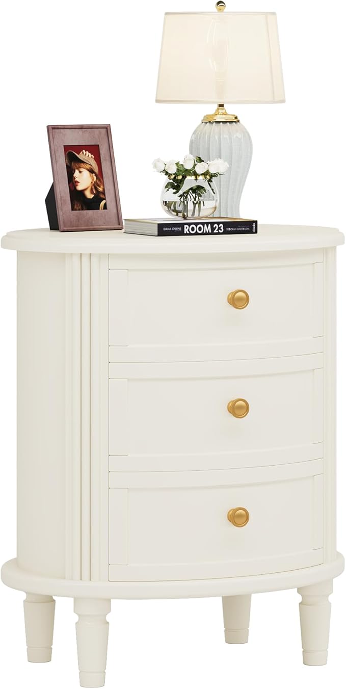 LITTLE TREE No Assembly Nightstand with 3 Drawers, Farmhouse Off-White Bedside Table for Bedroom, All Wooden Oval Nightstand with Storage