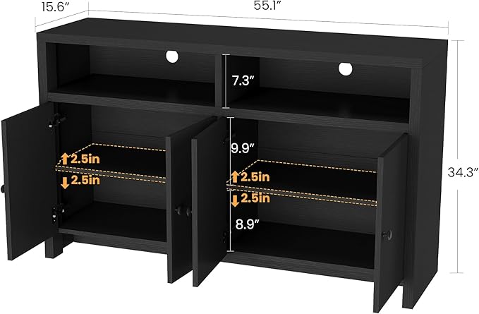IDEALHOUSE Buffet Sideboard Cabinet with Storage, 55" Large Farmhouse Kitchen Storage Cabinet with 4 Doors & Adjustable Shelves, Wood Coffee Bar Cabinet for Kitchen, Dining Room, Living Room