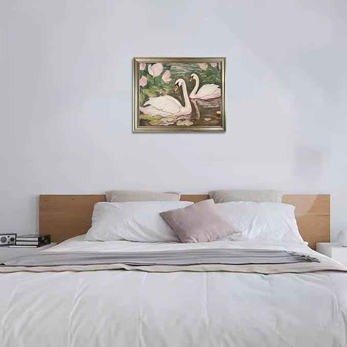 Vintage Framed Swan Wall Art Pink and Green Girls Room Decor Girly Office Canvas Print Painting Home Artwork