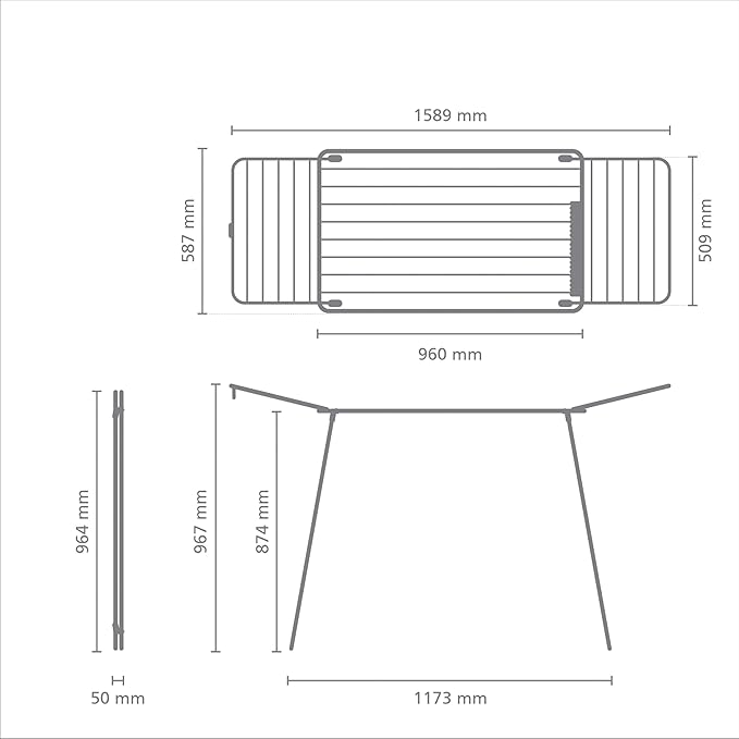 Brabantia HangOn Clothes Drying Rack | 59ft (18m) | Matt Black | Medium Indoor Clothes Airer, Foldable Laundry Stand for Large & Small Items, Wide Lines for Towels & Bedding | Fits 1 Full Load