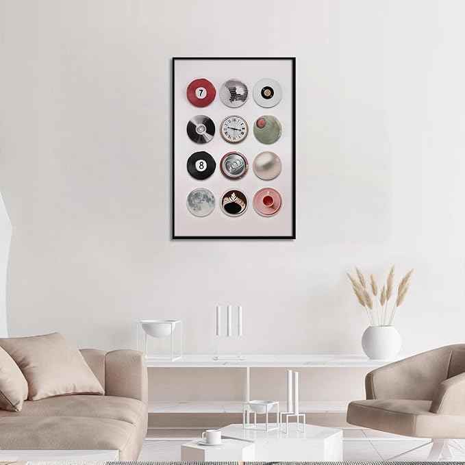 Colorful Vintage Disco Ball Canvas Wall Art, Retro 8 Ball Lucky 7 Ball Poster, Trendy Music Record Paiting, Funky Aesthetic Moon Coffee Cup Prints For Apartment Dorm wall Decor 12X16in Black Framed