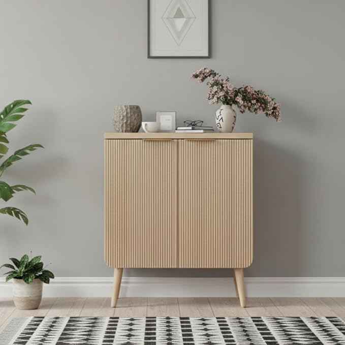 23.6" Modern Fluted Sideboard Cabinet with 2 Doors, Wood Storage Credenza with Shelves, Multi-Purpose Buffet Cabinet for Entryway, Dining & Living Room, Natural Wood