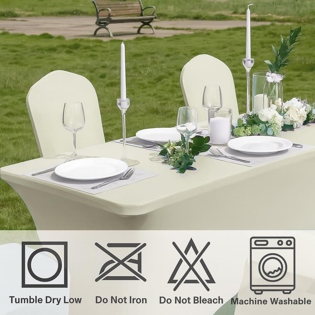 Craft And Party 2 Pack 8ft Ivory Spandex Tablecloth – Fitted Stretch Cover – Universal Fit for Folding Tables – Wrinkle-Free, Washable – Ideal for Parties, Weddings, Events