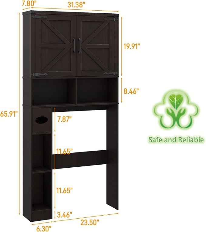 Vabches Over The Toilet Storage Cabinet, Farmhouse Storage Cabinet Over Toilet with 2 Barn Doors & Toilet Paper Holder Stand，Home Space-Saving Toilet Rack, for Laundry, Restroom, Bathroom.Walnut