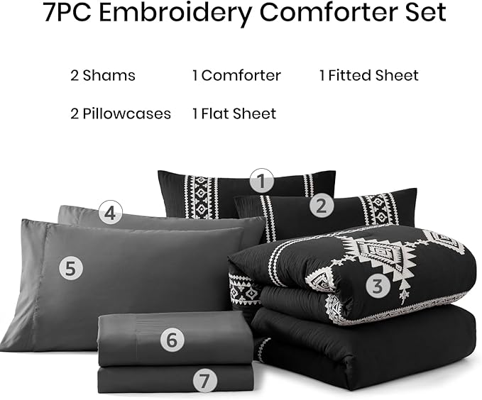 MaiRêve Embroidery Comforter Set, Boho Farmhouse Western Bedding Set, All Season Bed in A Bag Comforter Set with Sheets, Pillowcases & Shams, Black Full 7 Pieces