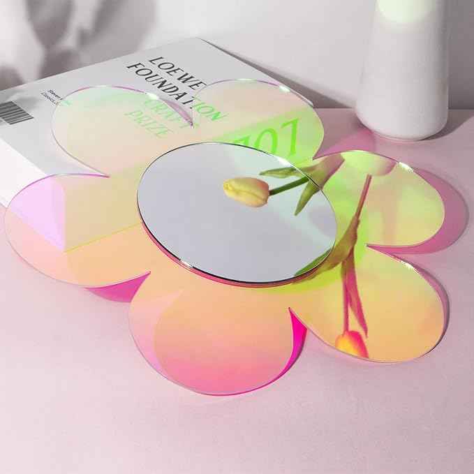 Irregular Wall Mirror Wavy Acrylic Rainbow Mirror Room Decor Aesthetic Mirrors Amorphic Vanity Retro Mirrors for Bedroom Living Room Bathroom Entryway Wall Decor ( Flower Style,12.6 x 11.6 Inches )