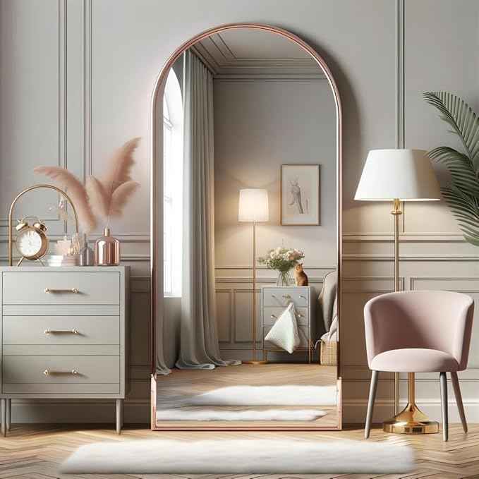 Rose Gold Mirror, 64"x21" Pink Body Mirror, Floor Standing, Full Length, Shatterproof, Arched