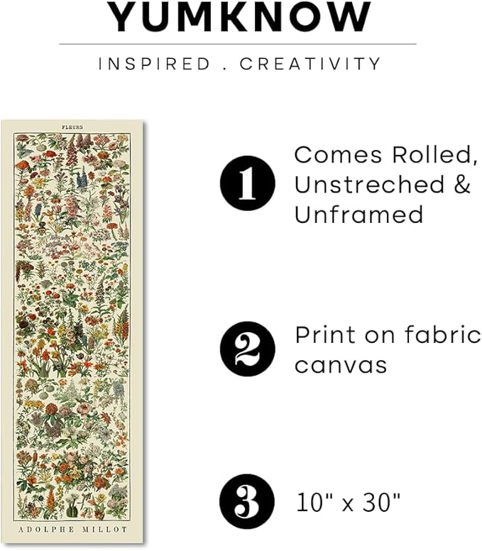 Vintage Farmhouse French Country Bedroom Wall Decor Above Bed - 10x30" - Vertical Wall Art Over the Bed - Panoramic Flower Pictures Sign - Canvas Oil Painting Long Narrow Millot Botanical Wall Art