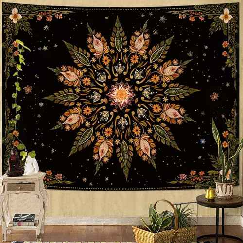 Boho Floral Mandala Tapestry for Bedroom Aesthetic Vintage Bohemian Flower Wall Tapestry Black Green Hippie Indian Small Tapestries Wall Hanging for Living Room Dorm Decor 40 x 30 Inch