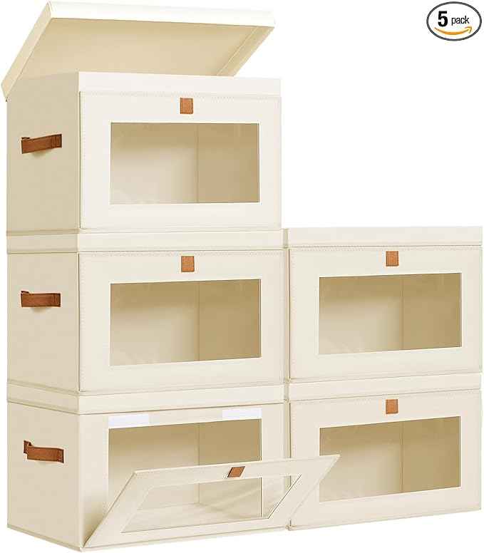 DIMJ Storage Bins with Lids - 5 Pack Large Fabric Closet Organizer with Window & Handles, Collapsible Decorative Storage Boxes for Shelves Under Bed, Books Clothes Blankets Sweaters Organization
