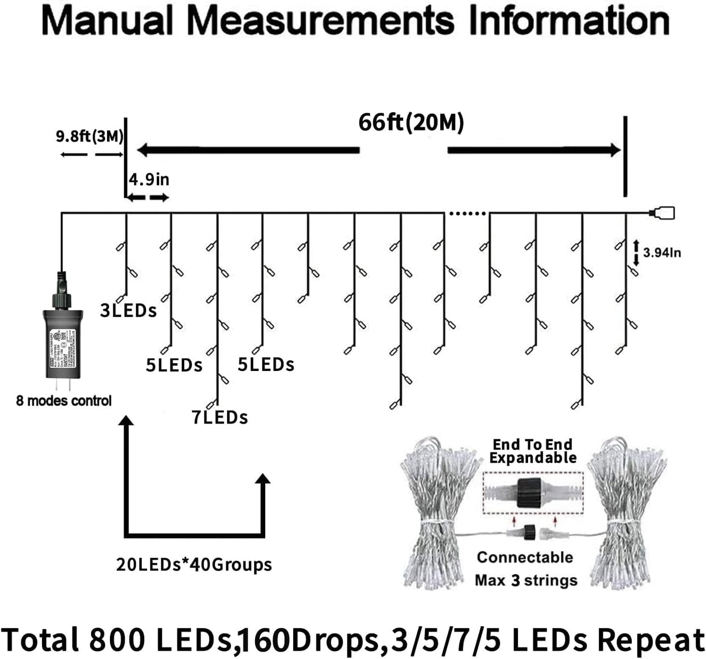 YEGUO 66ft 800 LED Red and Green Icicle Lights Outdoor Waterproof, 160 Drops Icicle String Lights Connectable, 8 Modes Icicle Christmas Lights with Memory Timer