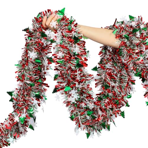 50 Feet Green Red Christmas Metallic Tinsel Twist Hanging Garland with Snowflake Xmas Tree for Home Mantle Xmas Tree Staircase Railing New Year Holiday Party Indoor Outdoor Decorations (50 Foot)