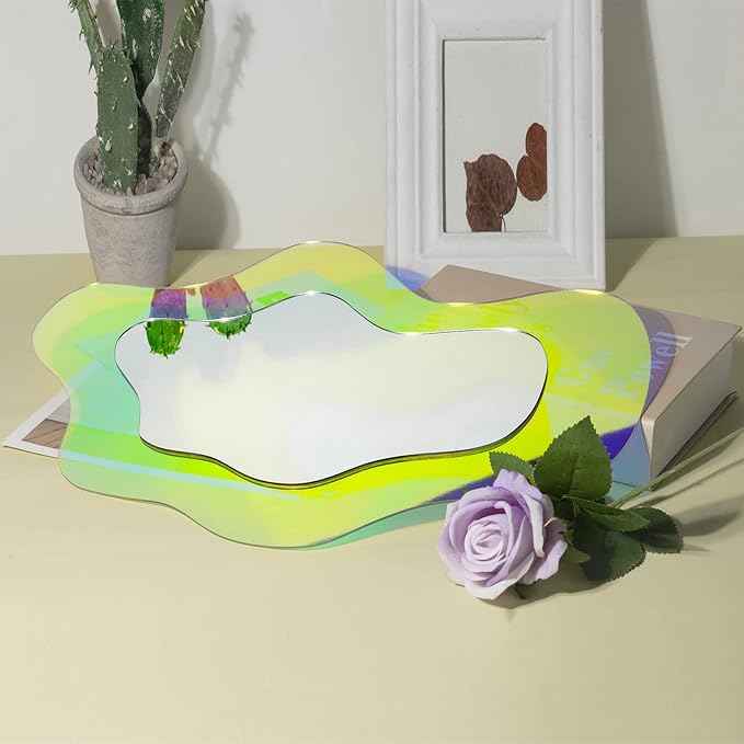 Irregular Wall Mirror Wavy Acrylic Rainbow Mirror Room Decor Aesthetic Mirrors Amorphic Vanity Retro Mirrors for Bedroom Living Room Bathroom Entryway Wall Decor ( Clouds Style, 15.5 x 10.5 Inches )