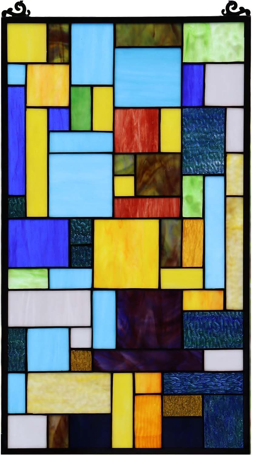 Bieye Geometric Color Block Tiffany Style Stained Glass Window Panel with Hanging Chain (13x24 inches W10090)