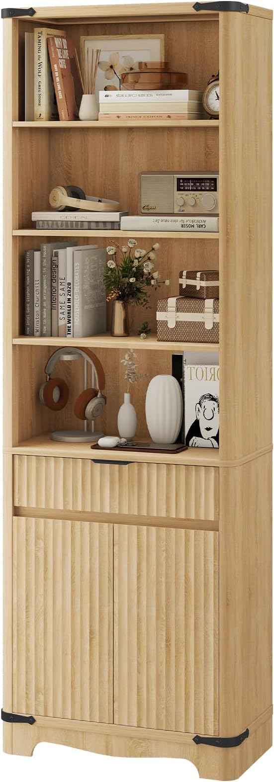 Fluted Bookcase with Doors and Drawer, Modern Farmhouse 70.47'' Tall Narrow Bookshelf with Storage, Wooden Floor Standing 6 Shelf Display Book Shelf Organizer for Home Office, Living Room, Oak