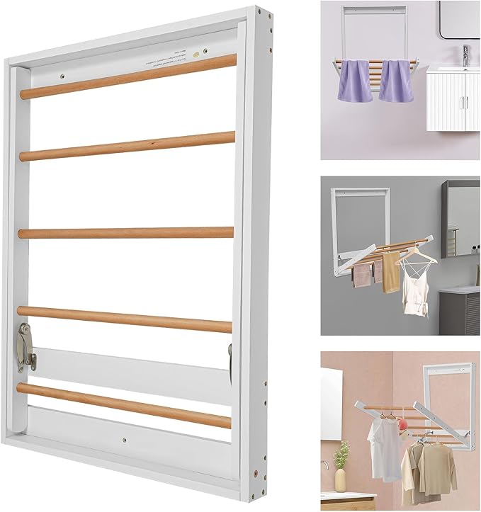 Clothes Drying Rack, Space-Saving Foldable Wall Mounted Clothing Dryer Racks with Drop-Down Design for Balconies, Toilets, Laundry Rooms, Bathroom