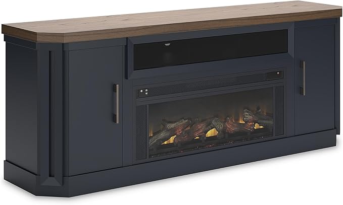 Signature Design by Ashley Landocken Contemporary 83" TV Stand with Electric Fireplace for TVs up to 95", Blue & Light Brown
