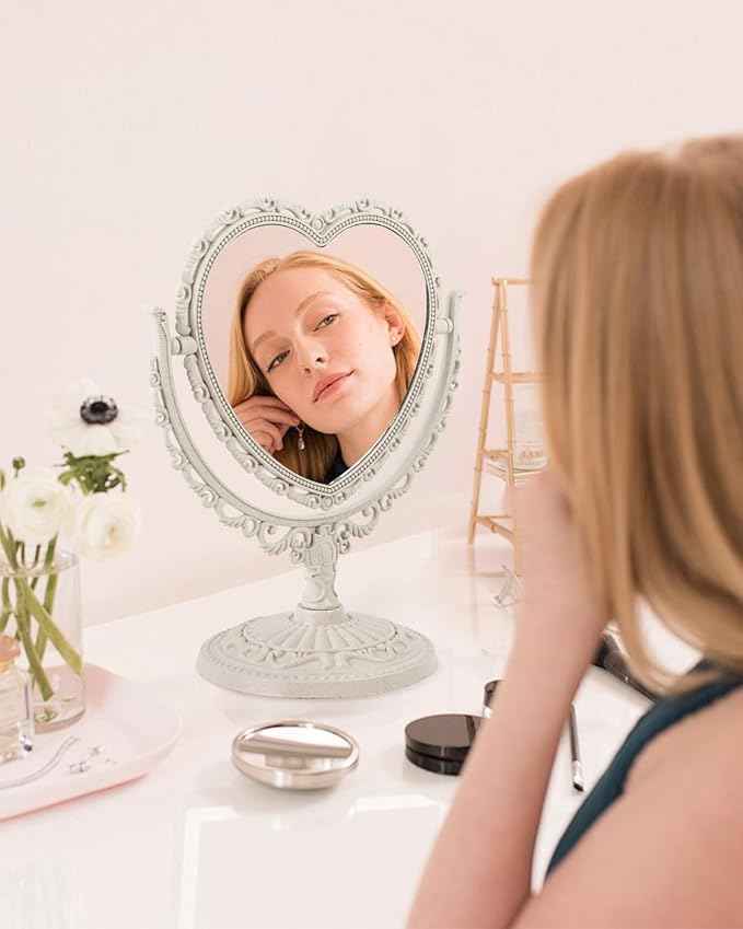 D&XQAUO Vintage Heart Mirror for Desk Cute Coquette Room Decor,Vanity & Bathroom Double-Sided Rotating Makeup Table Mirror with Stand