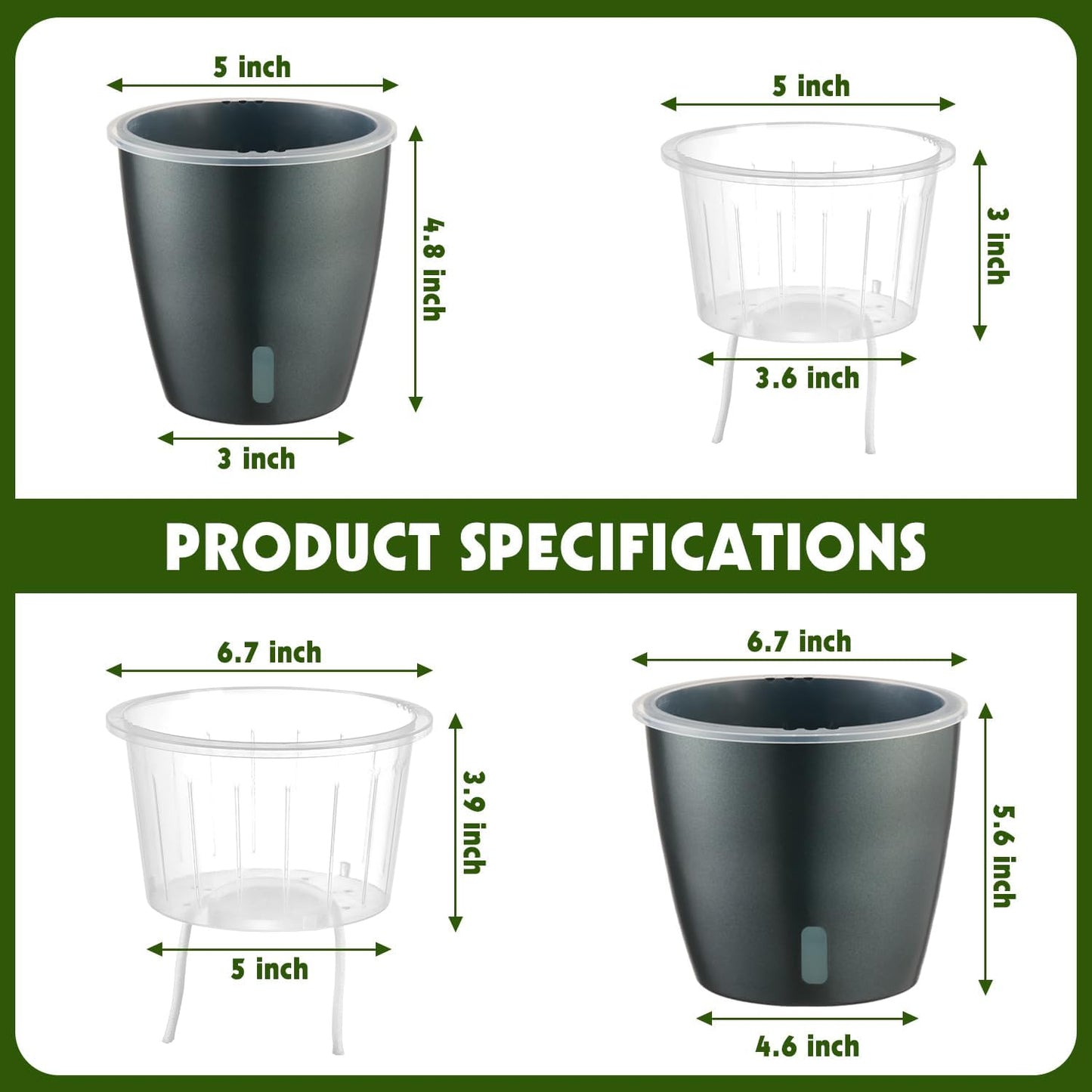 Self Watering Pots for Indoor Plants, 6-Pack 6.7'' Self Watering Planter with Drainage Holes, Small African Violet Pots with Water Indicator, Clear Wick Orchid Pot, Grey